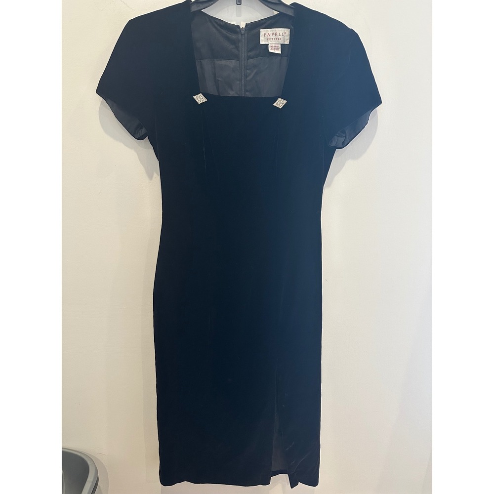 Papell Petites Black Velvet Sheath Dress Rhinestone Square Neck Side Slit 4P